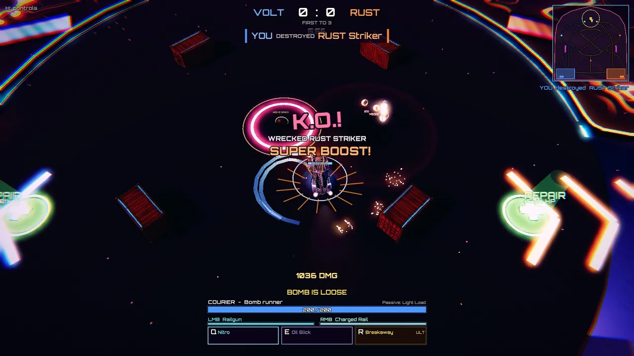 A Courier wrecks a RUST Striker for a K.O. and a super boost